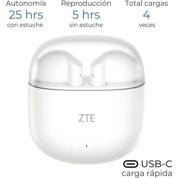 ZTE Buds 2 Auriculares Inalámbricos Bluetooth 5.3 con Estuche de Carga - 25 Horas de Autonomía, Resistencia al Agua IPX4, Control Táctil, Blancos - EB64G-W